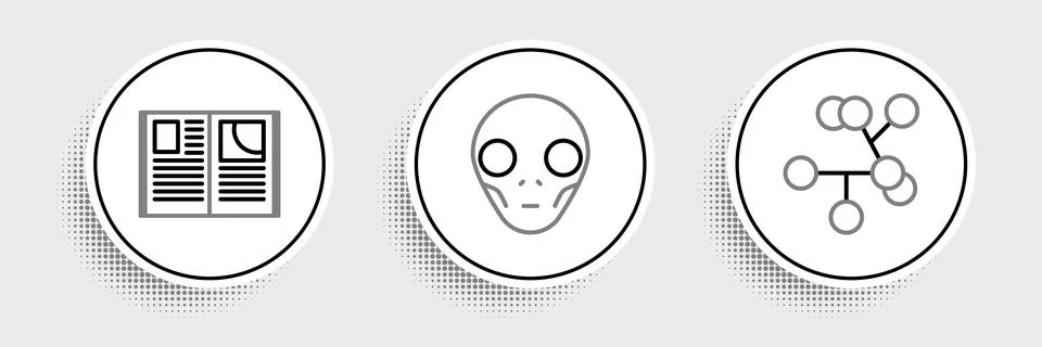 Set line Molecule, Open book and Extraterrestrial alien face icon. Vector Stock Illustration