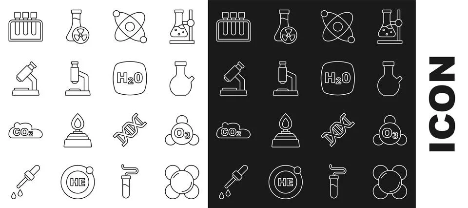 Set line Molecule, Ozone, Test tube, Atom, Microscope, and Chemical formula H2O Stock Illustration