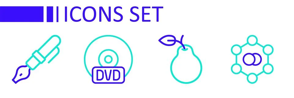Set line Molecule, Pear, CD or DVD disk and Fountain pen nib icon. Vector Illustrazione stock