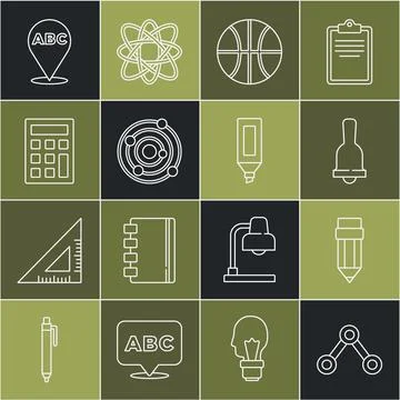 Set line Molecule, Pencil with eraser, Ringing bell, Basketball ball, Solar Illustrazione stock