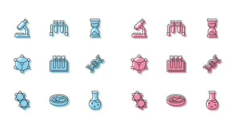 Set line Molecule, Petri dish with bacteria, Microscope, Test tube, DNA symbol Illustrazione stock