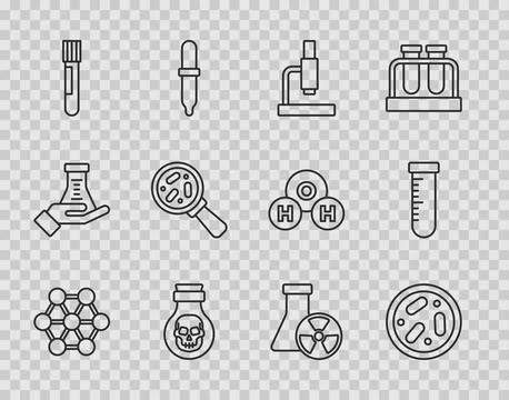 Set line Molecule, Petri dish with bacteria, Microscope, Poison in bottle, Te Stock Illustration
