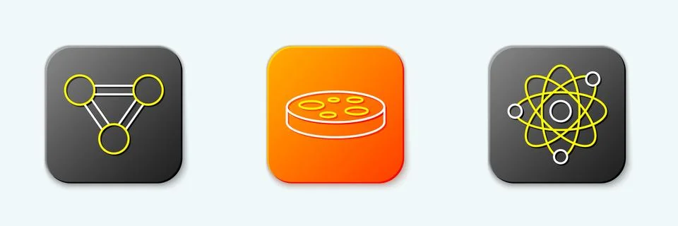 Set line Molecule, Petri dish with bacteria and Atom icon. Vector Stock Illustration