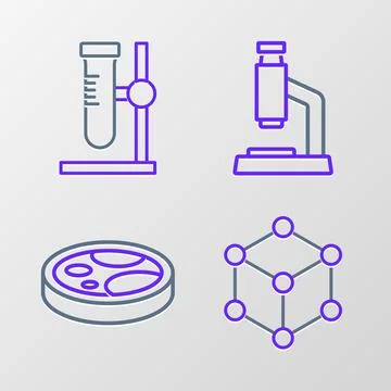 Set line Molecule, Petri dish with bacteria, Microscope and Test tube flask.. 스톡 일러스트
