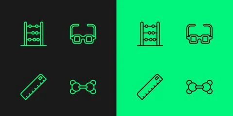 Set line Molecule, Ruler, Abacus and Glasses icon. Vector Stock Illustration