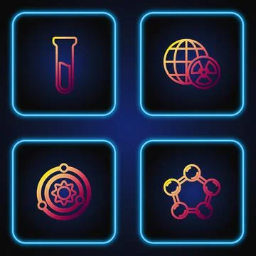 Set line Molecule, Solar system, Test tube and flask and Planet earth radiation 스톡 일러스트