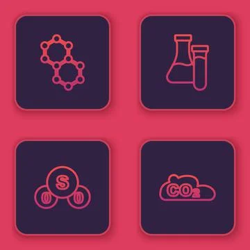 Set line Molecule, Sulfur dioxide SO2, Test tube and CO2 emissions in cloud Stock Illustration