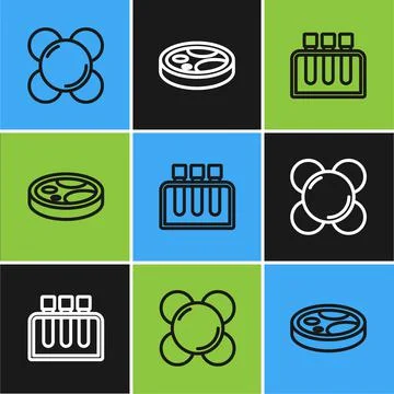 Set line Molecule, Test tube and Petri dish with bacteria icon. Vector Illustrazione stock
