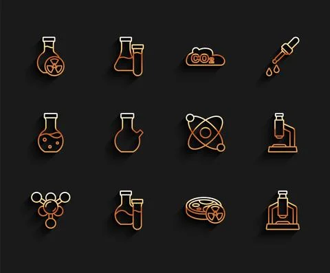 Set line Molecule, Test tube, with toxic liquid, Microscope, and Atom icon イラスト素材