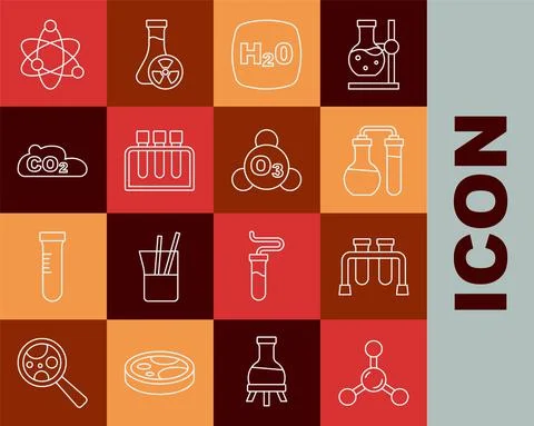 Set line Molecule, Test tube, Chemical formula H2O, CO2 emissions in cloud, Atom Illustrazione stock