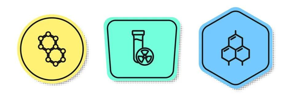Set line Molecule, Test tube with toxic liquid and Chemical formula. Colored Stock Illustration