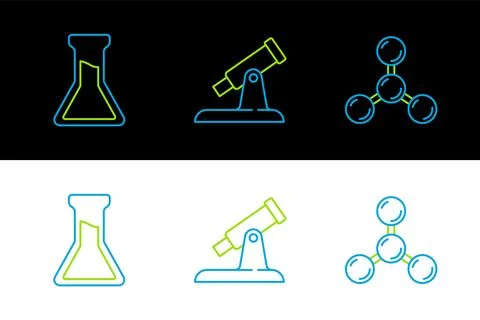 Set line Molecule, Test tube and flask and Telescope icon. Vector Illustrazione stock