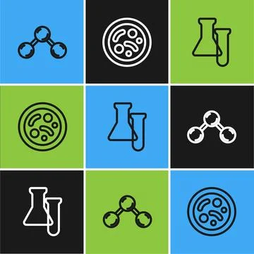 Set line Molecule, Test tube and flask and Bacteria icon. Vector Illustrazione stock