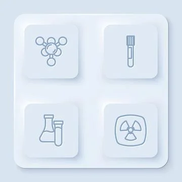 Set line Molecule, Test tube,  and Radioactive. White square button. Vector Illustrazione stock