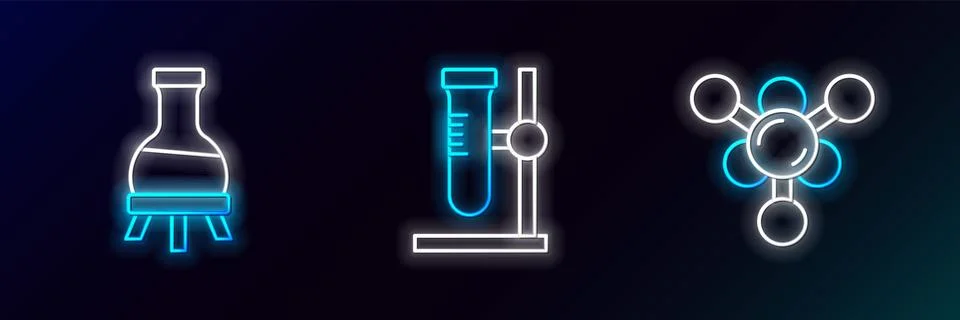 Set line Molecule, Test tube and flask on stand icon. Glowing neon. Vector 스톡 일러스트
