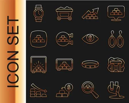 Set line Molten gold being poured Gold mine Earrings Growth arrow with bars J Stock Illustration