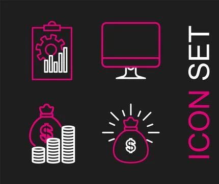 Set line Money bag, and coin, Computer monitor screen and Clipboard with gr.. Stock Illustration