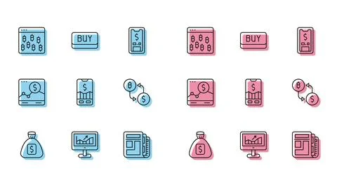 Set line Money bag, Computer with growth graph, Bitcoin in browser, Stock m.. Stock Illustration