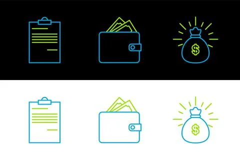 Set line Money bag, Document and Wallet with stacks paper money cash icon. Ve Stock Illustration