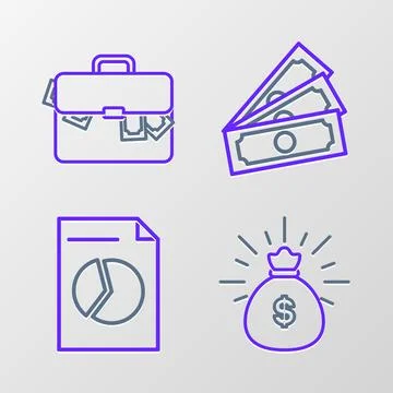 Set line Money bag, Document with graph chart, Stacks paper money cash and 库存插图