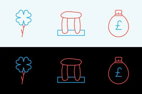 Set line Money bag with pound, Four leaf clover and Stonehenge icon. Vector Stock Illustration