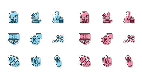 Set line Money exchange, Shield with bitcoin, Glass money jar, Hand holding Stock Illustration