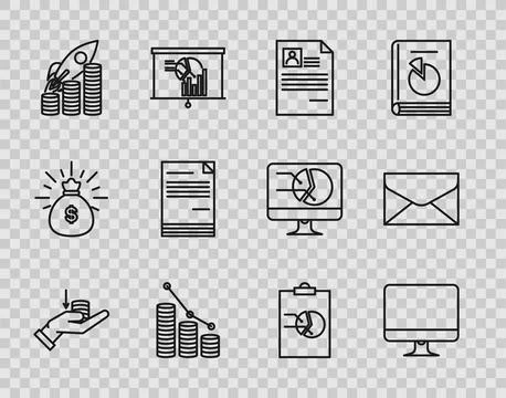 Set line Money on hand, Computer monitor screen, Resume, Pie chart infograp.. Stock Illustration