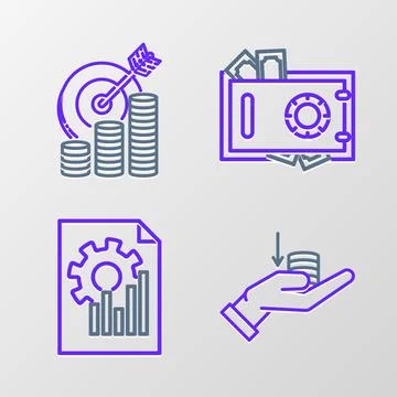 Set line Money on hand, Document with graph chart, Safe money and Target co.. Stock Illustration