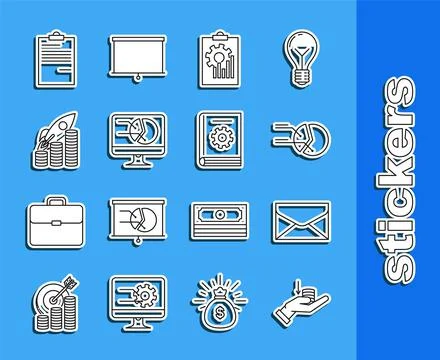 Set line Money on hand, Envelope, Pie chart infographic, Clipboard with Illustrazione stock