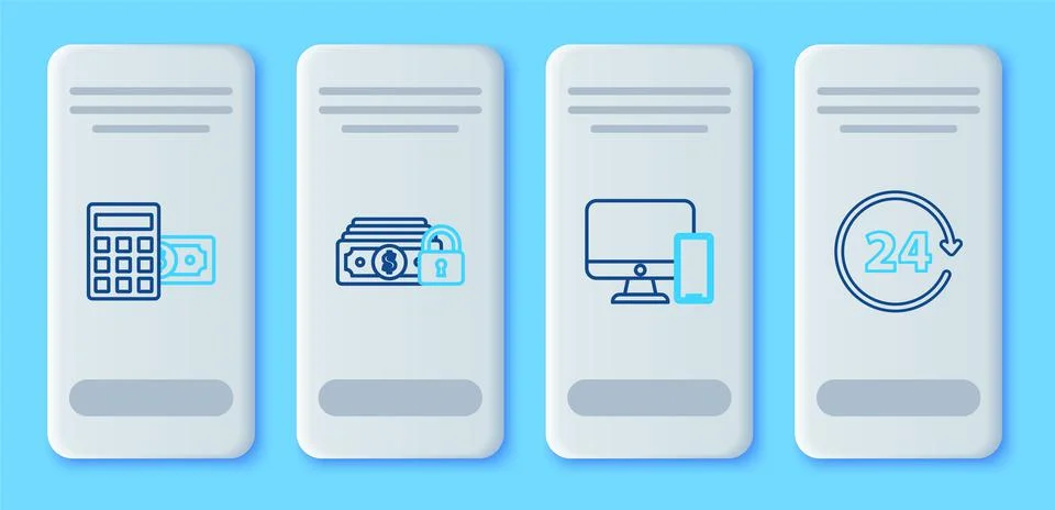 Set line Money with lock, Computer monitor and mobile phone, Calculator dollar 스톡 일러스트
