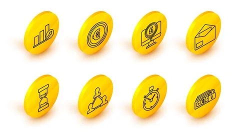 Set line Money with lock, Envelope, Computer monitor pound sterling symbol, Coin Illustrazione stock
