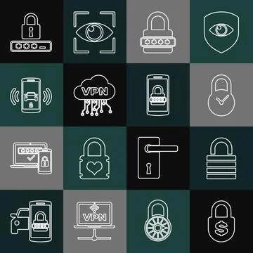 Set line Money lock, Lock, Padlock with clock, Password protection, Cloud VPN Stock Illustration