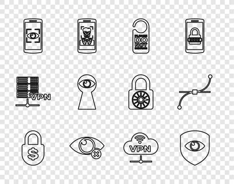 Set line Money lock, Shield and eye, Please do not disturb, Invisible or hi.. Ilustración de archivo