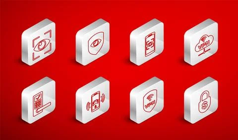 Set line Money lock, Shield and eye, Mobile scan, VPN Network cloud connect.. 库存插图
