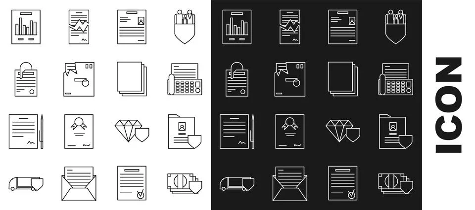 Set line Money with shield, Document, Fax machine, Personal document, Ordered Stock Illustration