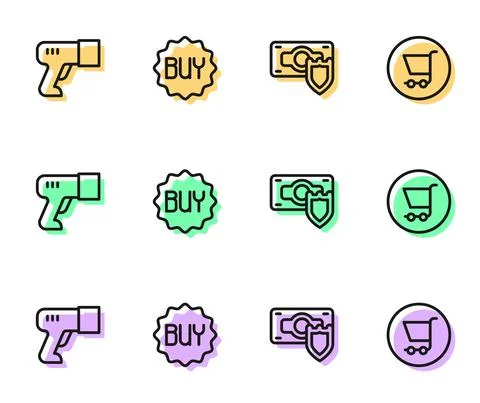 Set line Money with shield, Scanner scanning bar code, Buy button and Shopping Illustrazione stock
