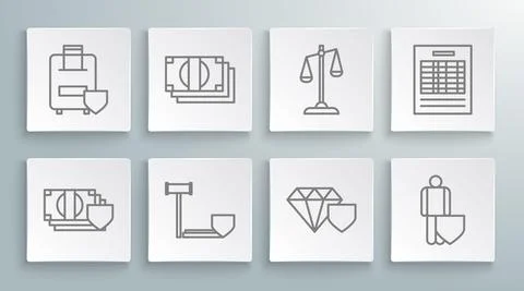 Set line Money with shield, Stacks paper money cash, Judge gavel, Diamond, Life Stock Illustration