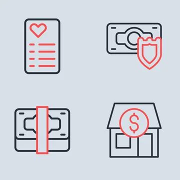 Set line Money with shield, Stacks paper money cash, Market store and Shopp.. Illustrazione stock