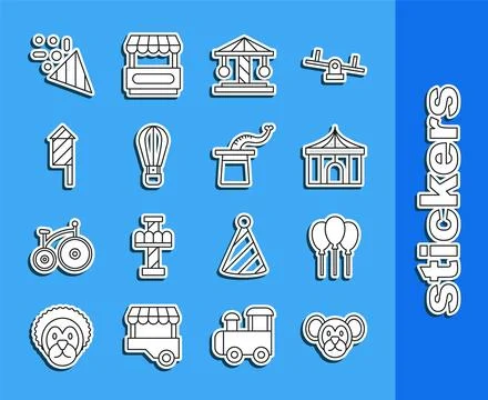 Set line Monkey, Balloons with ribbon, Circus tent, Attraction carousel, Hot air Stock-Illustration