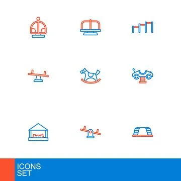 Set line Monkey bar, Seesaw, Sandbox with sand, Swing car, Horse saddle swi.. Stock Illustration