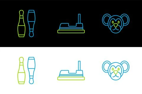 Set line Monkey, Bowling pin and Bumper car icon. Vector Stock Illustration