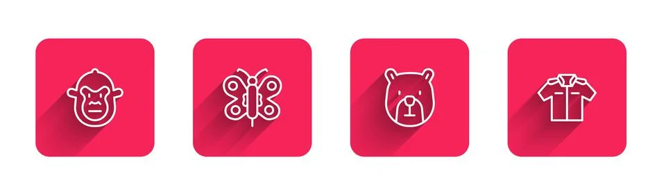 Set line Monkey, Butterfly, Bear head and Shirt with long shadow. Red square Stock Illustration