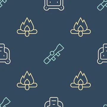Set line Monkey, Campfire and Sniper optical sight on seamless pattern. Vector Illustrazione stock