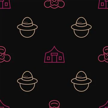 Set line Monkey, Camping hat and Tourist tent on seamless pattern. Vector Illustrazione stock