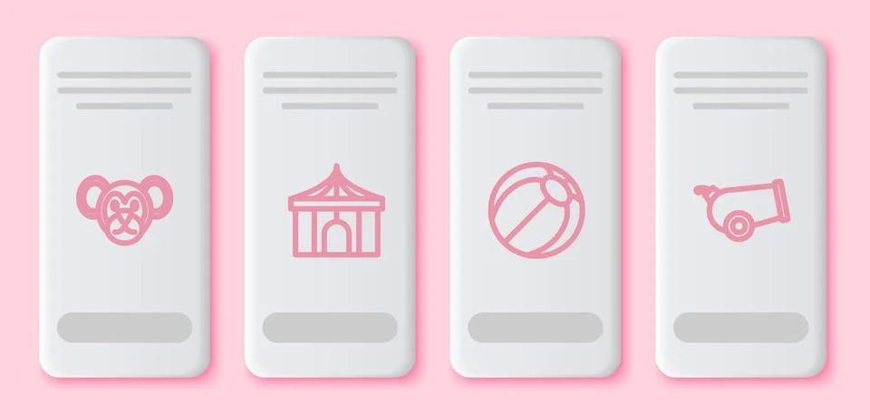 Set line Monkey, Circus tent, Beach ball and Cannon. White rectangle button.. 스톡 일러스트