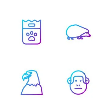 Set line Monkey, Eagle head, Bag of food and Hedgehog. Gradient color icons Stock Illustration
