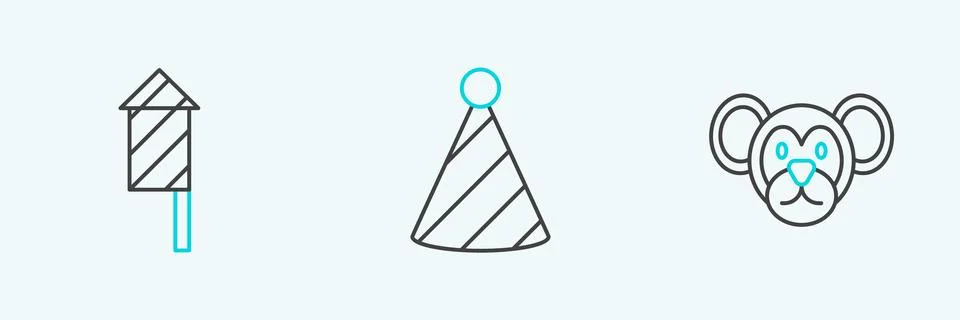 Set line Monkey, Firework rocket and Party hat icon. Vector 스톡 일러스트