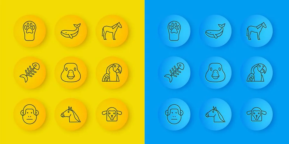 Set line Monkey, Fish skeleton, Goose bird, Sheep head, Macaw parrot, Paw print Stock Illustration