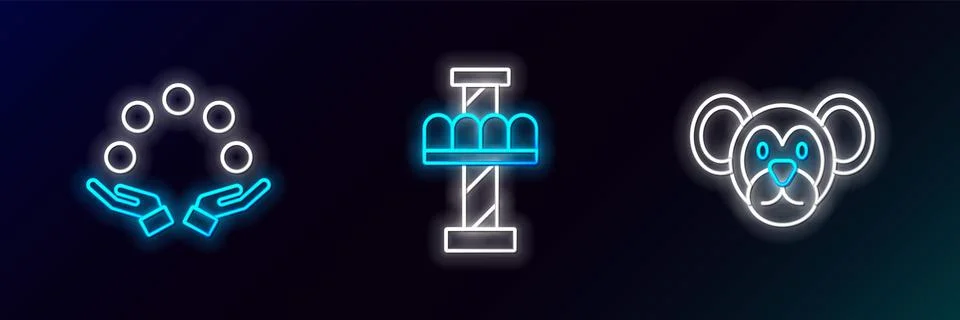 Set line Monkey, Juggling ball and Attraction carousel icon. Glowing neon. .. Illustrazione stock
