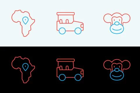 Set line Monkey, Map of Africa and Safari car icon. Vector Illustrazione stock